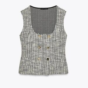 NWT Zara Knit Jacquard Buttoned Stretch Top Gold Tweed New Small 5644/103/070